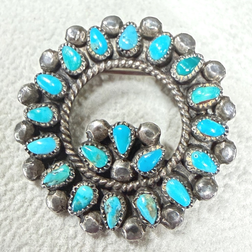 Brooch Sterling Silver Turquoise Southwestern Vintage 1.5 Inch